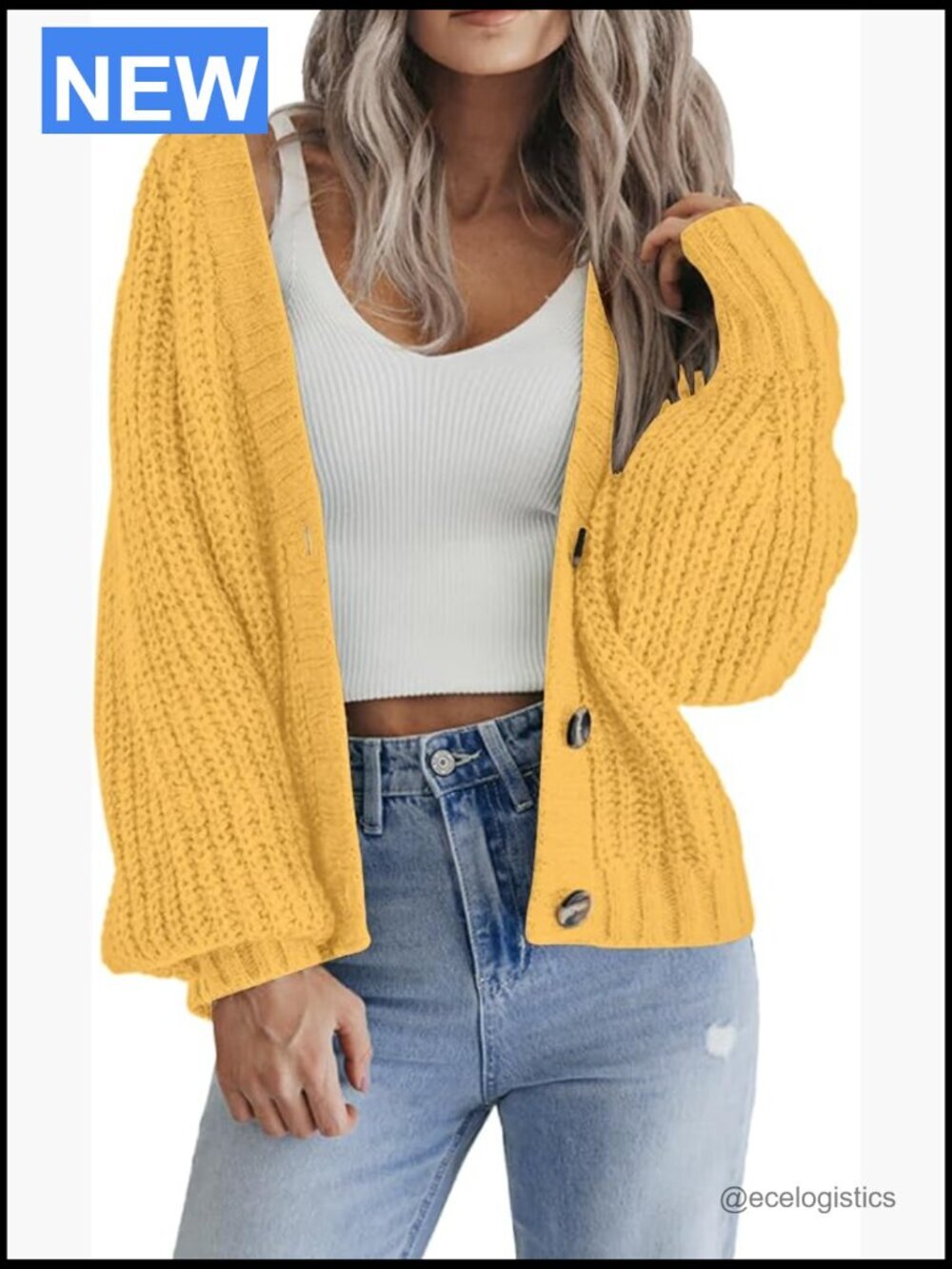 Chunky Knit Cardigan Open Front V Neck Long Sleeve Button Loose Fit Sweater